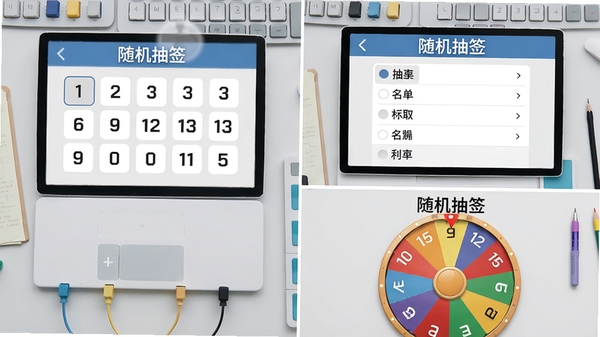 一张随机抽签软件功能展示图,画面左侧是数字抽取界面,右侧是名单抽取界面,下方是转盘抽选界面,每个界面都清晰标注“随机抽签”字样,背景为浅灰色工作台,整体风格干净利落,突出功能多样性。