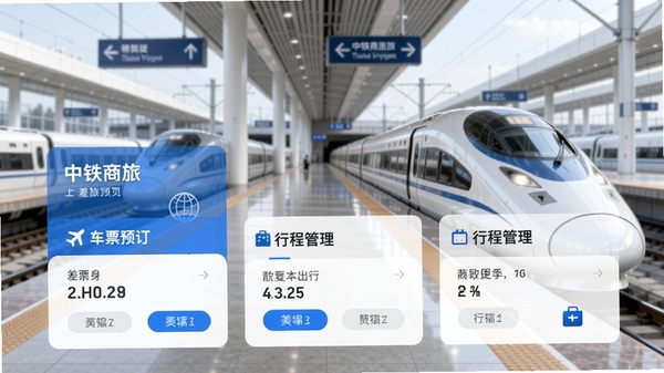 中铁商旅app主界面预览图,展示差旅首页、车票预订、行程管理三大核心功能模块,界面采用蓝白商务风格,背景为高铁站台,整体清晰明亮