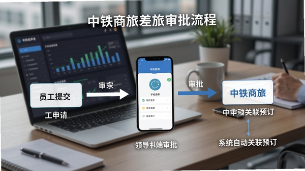 中铁商旅差旅审批流程图,展示员工提交申请、领导手机端审批、系统自动关联预订的完整流程,界面清晰标注每一步操作,背景为办公桌与笔记本电脑