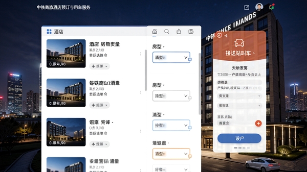 中铁商旅酒店预订与用车服务界面,展示酒店列表、房型选择、接送站叫车入口,背景为城市夜景与商务酒店外观,界面风格清爽