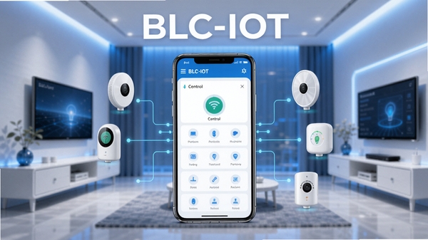 BLC-IOT软件主界面预览图,画面中央展示智能手机连接多个智能设备的控制面板,背景为现代简约的智能家居场景,色调以蓝白为主,科技感十足,清晰显示BLC-IOT字样