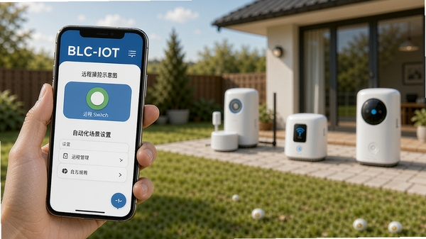 BLC-IOT远程操控示意图,手机界面显示远程控制开关按钮和自动化场景设置选项,背景为户外场景,用户手持手机,远处是智能家居设备,强调随时随地远程管理的便捷性