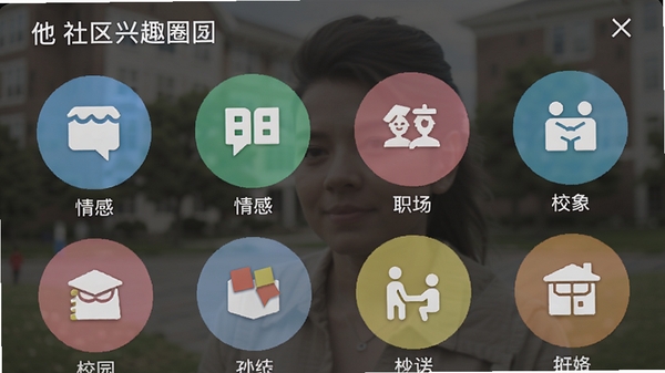 他社区兴趣圈子页面截图,展示多个圆形图标分类,包括情感、职场、校园等,背景模糊处理突出主体,界面布局整齐,色彩活泼,给人一目了然的感觉