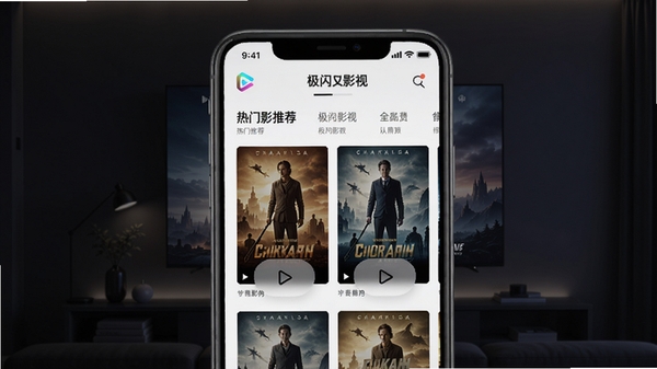 极闪影视主界面预览图,展示热门影视推荐列表与分类导航,背景为深色渐变的客厅电视墙,画面中央为手机屏幕特写,屏幕内显示极闪影视APP界面,包含电影海报缩略图与播放按钮,整体风格现代简洁,光线柔和,突出APP的清晰画质与丰富内容