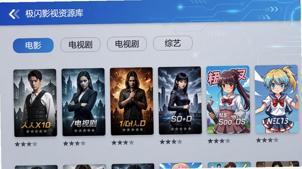 极闪影视资源库界面截图,展示分类标签如电影、电视剧、综艺、动漫,下方为横向滚动的海报墙,每张海报下方显示评分,背景为浅灰色科技感纹理,画面以蓝色调为主,突出资源的丰富与分类清晰