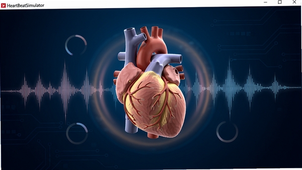 HeartBeatSimulator软件主界面预览图,画面中央显示一颗立体跳动的心脏模型,背景为深蓝色科技感渐变,心脏周围有柔和的光晕和跳动的音频波纹,整体风格简洁现代,突出模拟心跳的核心功能,高清渲染,细节丰富
