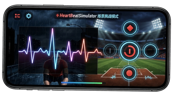 HeartBeatSimulator场景挑战模式界面,画面展示手机横屏游戏画面,左侧是动态心跳曲线,右侧是点击判定的圆形按钮,背景根据场景变化显示雨夜或运动场,界面UI设计炫酷,带有节奏光效,突出互动玩法的紧张感