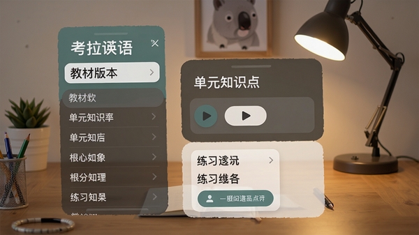 考拉英语App的同步课堂界面,显示教材版本选择列表和单元知识点,有播放按钮和练习题目,背景是整洁的书桌和台灯,风格写实清晰