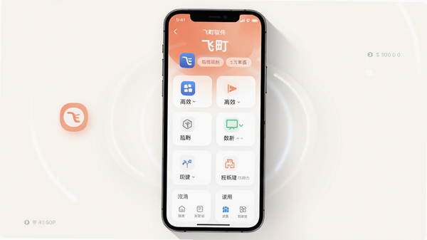 飞町软件主界面预览图,画面主体为飞町APP在手机屏幕上的运行界面,浅色背景,图标清晰,功能模块排列整齐,周围有柔和的阴影和光晕效果,整体风格现代简约,体现高效与便捷,竖版构图适合移动端展示