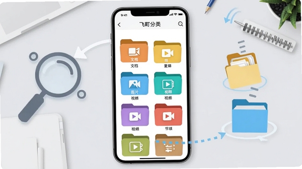 飞町智能分类功能示意图,画面中央是手机屏幕展示飞町的智能分类界面,不同颜色的文件夹图标分别标注文档、图片、视频等类别,背景为浅灰色工作台,有放大镜图标和整理动画效果,风格清晰直观,强调秩序与高效