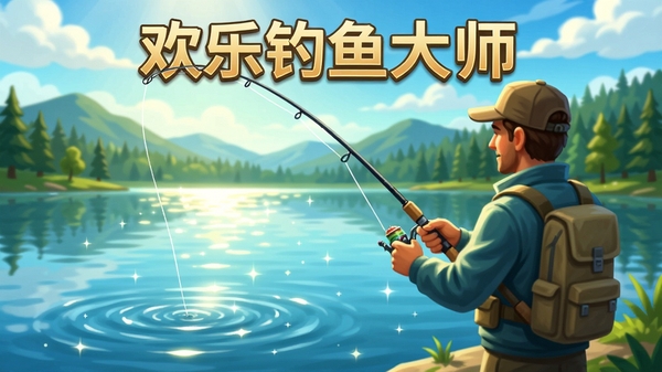 欢乐钓鱼大师官方游戏宣传图,画面展示一名钓鱼者站在波光粼粼的湖岸边,手持钓竿,水面泛起涟漪,远处是葱郁的山林与蓝天白云,整体风格清新自然,色彩明亮,突出休闲放松的游戏氛围,主视觉聚焦钓鱼者与钓竿,背景为湖光山色