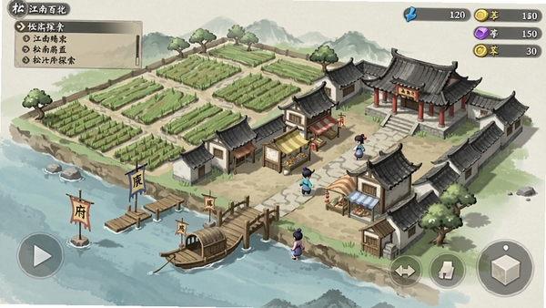 江南百景图松江府地图探索画面,展示游戏中的松江府全景,包含农田、码头、商铺和府衙,有角色在行走,游戏UI显示任务指引和资源数量,画面风格为水墨国风,色彩柔和,展现经营模拟的核心玩法
