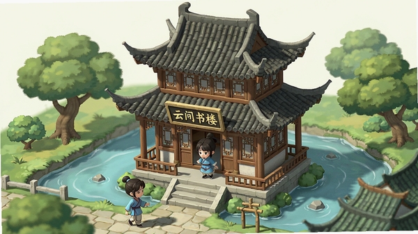 江南百景图松江府特色建筑展示图,画面中央是一座古色古香的楼阁,周围有绿树和流水,建筑细节精致,飞檐翘角,牌匾上写着“云间书楼”,游戏角色在楼前活动,整体色调淡雅,突出收集和建造的乐趣