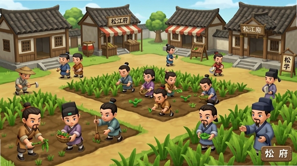 江南百景图松江府居民工作场景,一群穿着明代服饰的小人在田地里劳作,有农民、商人、书生等不同职业,角色表情生动,农田、商铺、学堂等建筑错落有致,画面温馨,体现居民养成与模拟经营的乐趣