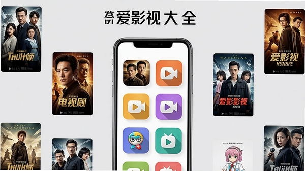 爱影视大全资源分类展示图,画面中央为手机屏幕,屏幕内显示电影、电视剧、综艺、动漫等彩色分类图标,周围环绕热门影视海报,背景是淡雅的浅灰色,突出软件名称与丰富内容