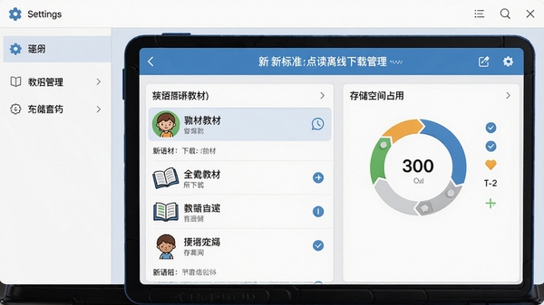 新标准英语点读离线下载管理界面,展示已下载教材列表与存储空间占用情况,背景为简洁设置风格