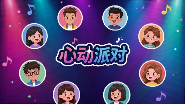 心动派对手机应用主界面预览图,画面展示一个充满活力的线上派对房间,背景为渐变色霓虹灯光,前景有多个卡通头像围坐一圈,中间显示“心动派对”Logo,整体风格明亮欢快,突出社交互动氛围,适配竖屏手机海报比例
