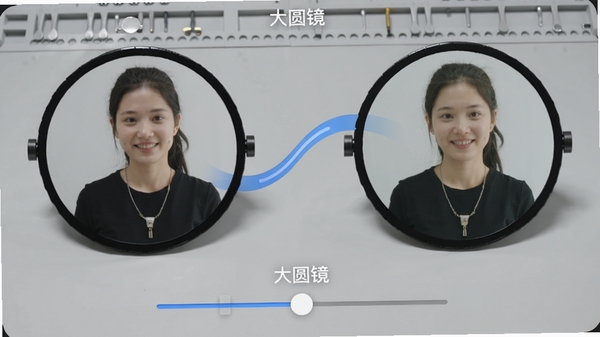 大圆镜智能镜像功能演示图,画面左侧为原始照片,右侧为镜像效果,中央有流畅的转换动画线条,背景为浅灰色工作台,界面显示功能调节滑杆,整体风格专业且直观,突出软件名称“大圆镜”