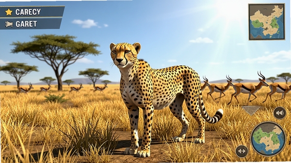 Wild Cheetah Simulator Game 3d ��Ϸ�����棬һֻ��׳���Ա�վ�ڽ�ɫ��ԭ���룬Զ����ϡ�����ľ�ͱ��ܵ�����Ⱥ�����ε�����������䣬��������ϸ�壬չ�ַ��޲�ԭ��׳��������ϷUI��࣬��ʾ�������ͼͼ�꣬������дʵ���ʺ���Ϊ��ϷԤ��ͼ