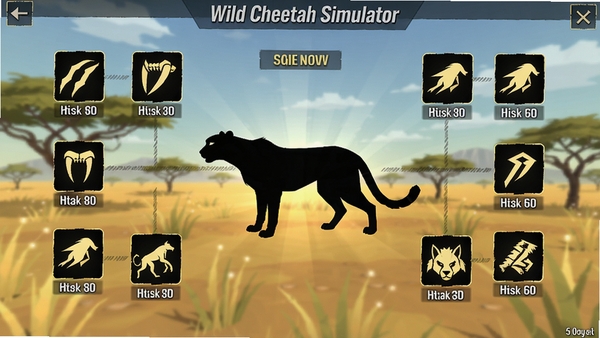 Wild Cheetah Simulator Game 3d ���������棬����������ʾ�Ա�����������Χ�����Ŷ������ͼ�꣬����צ����������ܡ�Ǳ�еȣ�����Ϊ��ԭ�羰��UI��Ƽ�����ˣ�����������ʾ������������Ϸ��һ��