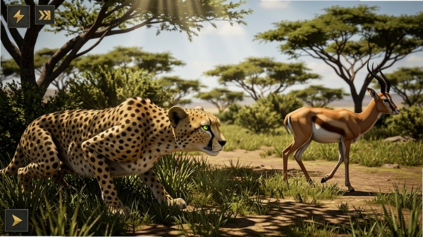 Wild Cheetah Simulator Game 3d ��Ϸ�������Ա���Ǳ���ڲݴ��У�����רע�ض���ǰ�������򣬱������ȴ���ԭ�Ĺ�ľ�Ժͽ�ϻ���������͸����Ҷ���¹�ߣ�����������ŸУ�дʵ���ϸ�ڷḻ