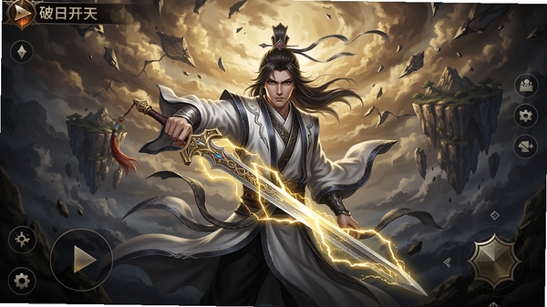 破日开天手游宣传图,画面中央一名白衣修士手持长剑,剑身缠绕金色雷电,背景是破碎的天空与悬浮的山脉,整体色调以暗金与深蓝为主,光影对比强烈,细节丰富,游戏UI界面风格,竖屏构图,高清渲染