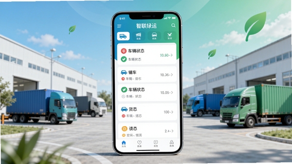 智联绿运APP主界面预览图,展示货运订单列表、车辆状态图标和绿色环保主题背景,画面主体为手机界面居中,背景为简约物流园区场景,色调以蓝绿为主,光线明亮清晰,适配Boogu模型生成