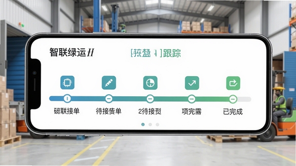 智联绿运订单状态跟踪界面,展示从待接单到已完成五个步骤的进度条,每一步都有对应图标和文字说明,背景为简洁的仓库装卸货场景,画面主体为手机界面,色调清爽,强调流程可视化