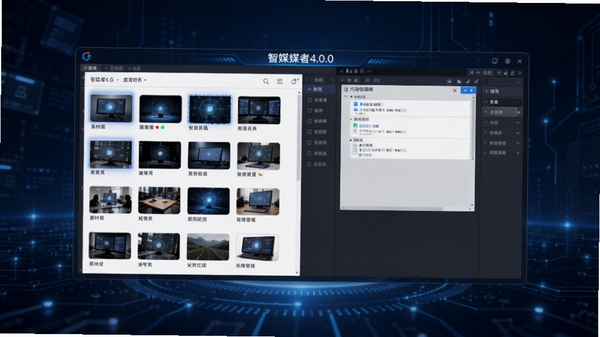 智媒者4.0.0版核心界面预览图,画面中央为软件主操作台,左侧是素材库缩略图列表,右侧为内容编辑区,整体采用深蓝色科技感背景,界面简洁明亮,突出智能媒体管理软件的专业气质