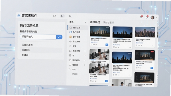 智媒者软件智能内容采集功能展示图,界面展示热门话题榜单与素材筛选面板,左侧为关键词输入框,右侧为瀑布流式内容卡片,背景为淡灰色,添加科技感线条装饰,体现高效采集能力