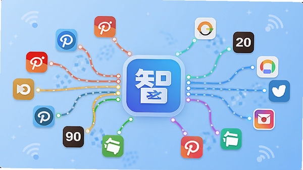 智媒者多平台分发功能示意图,画面中央是软件logo,周围环绕着各大媒体平台图标,通过彩色线条连接,背景为浅蓝色渐变,象征内容快速同步分发,整体风格简洁现代
