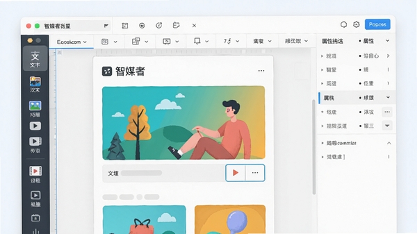 智媒者内容编辑界面展示图,画面中央为图文混排编辑器,左侧工具栏包含文本、图片、视频等图标,右侧属性面板,整体风格清爽,色彩明快,体现软件易用性