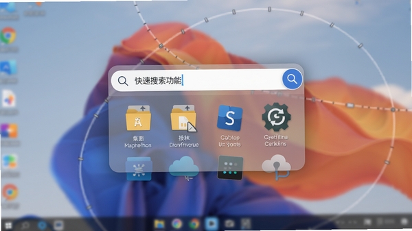 酷呆桌面快速搜索功能展示图,展示一个搜索框悬浮在桌面中央,输入关键词后下方列出匹配的文件和软件图标,背景为模糊处理的桌面壁纸,画面突出搜索的快捷和精准