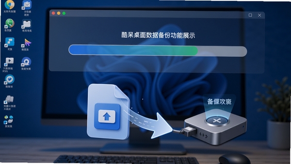 酷呆桌面数据备份功能展示图,展示一个备份文件图标被拖拽到外部存储设备,背景为桌面布局恢复的进度条界面,画面强调数据的安全性和可靠性