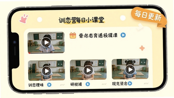 训恋营每日小课堂界面,手机展示课程列表,包含视频缩略图和标题,背景为淡黄色,画面中有“每日更新”标签,整体风格清新活泼,适合用于功能展示。