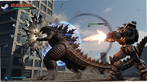 巨击大乱斗手游版(steam移植)实机战斗画面,一只类似哥斯拉的怪兽挥动尾巴击碎一栋高楼,玻璃碎片四溅,另一台机甲喷射火焰反击,画面动感十足,技能特效华丽,光线追踪效果明显,突出物理破坏与战斗冲击力。