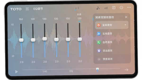 TOZO自定义EQ调节界面,显示多频段滑块与预设音效列表,背景为音乐波形图案,整体色调柔和,突出音效调节功能