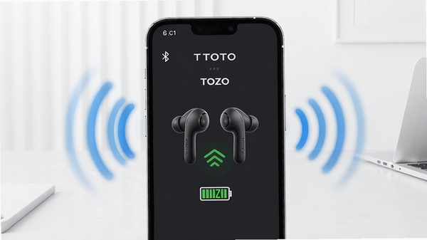 TOZO智能连接功能示意图,手机屏幕显示已连接的TOZO耳机与电量图标,周围有蓝牙信号波纹,背景明亮简洁,突出连接成功的界面