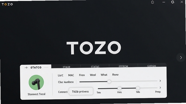 TOZO软件主界面预览图,展示耳机连接状态与音效调节面板,背景为深色渐变,界面元素清晰,整体风格现代简约,产品名称TOZO居中显示