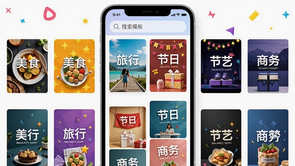 简艺模板库展示图,画面展示手机屏幕中简艺应用的模板分类页面,包含美食、旅行、节日、商务等多种封面模板缩略图,网格布局,界面色彩丰富,顶部搜索栏显示“搜索模板”,整体风格活泼,突出海量素材优势