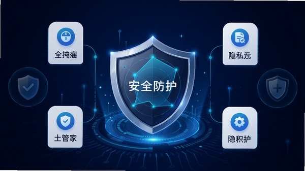 手机管家安全防护功能界面,展示病毒扫描雷达动画和隐私保护选项,背景为深蓝色科技感风格,盾牌图标居中显示,周围环绕各项安全功能图标,突出“安全防护”的核心卖点,画面精致且富有科技感