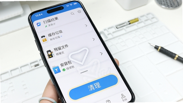 手机管家垃圾清理功能演示图,手机屏幕展示扫描结果列表,包含缓存垃圾、残留文件、安装包等分类,清理按钮高亮显示,背景为干净的白色工作台,画面聚焦于清理过程,色彩明快,突出“一键清理”的便捷性