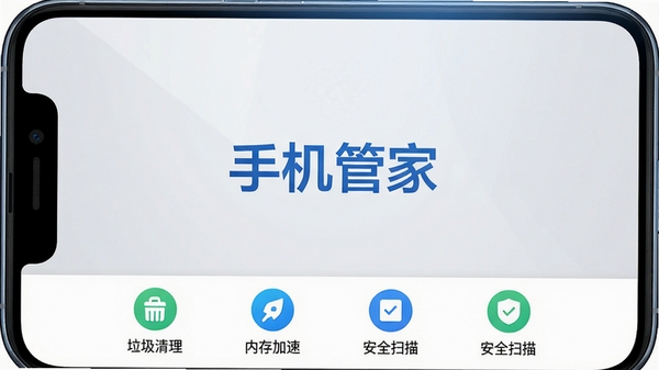 手机管家主界面预览图,展示清新的蓝色调UI设计,底部功能栏清晰可见,包含垃圾清理、内存加速、安全扫描等核心模块图标,背景为简约的浅灰色渐变,画面主体居中,突出软件名称“手机管家”字样,整体风格现代简约,适配移动端竖屏展示