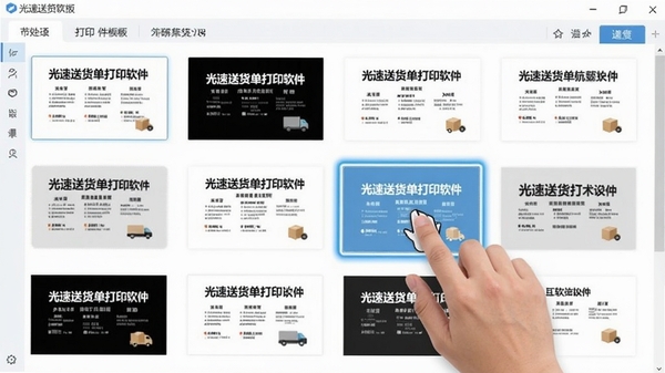 光速送货单打印软件模板选择界面截图,展示多种送货单模板样式缩略图,用户正在用鼠标选择其中一个模板,界面高亮显示选中状态,背景为软件主界面,色调清新明亮,画面清晰写实