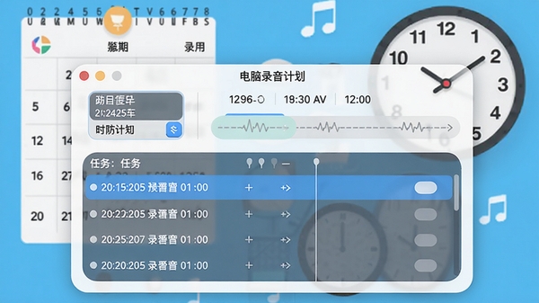 好哈电脑录音软件定时录制设置面板,显示日期选择器与时间轴,任务列表中有多个预设录制计划,界面风格明亮,按钮圆润,背景为桌面日历与时钟元素,整体观感清爽有序
