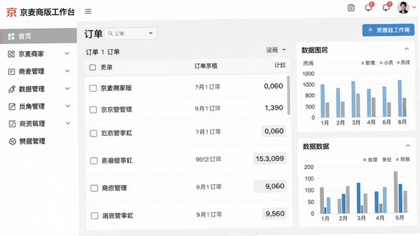 京麦商家版工作台界面,左侧功能导航,右侧订单列表与数据图表,浅色商务风格,清晰直观