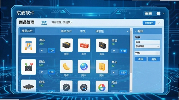 京麦软件的商品管理页面,展示商品列表与编辑选项,背景为淡蓝色科技感界面