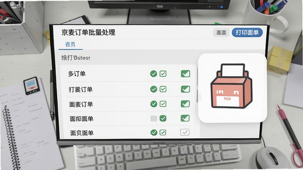 京麦订单批量处理界面,多订单勾选状态,配以打印面单图标,背景为浅灰色工作台风格