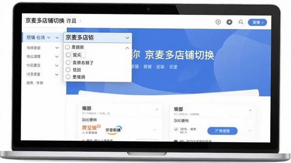 京麦多店铺切换界面,顶部店铺名称下拉菜单,背景为简约白色商务风格