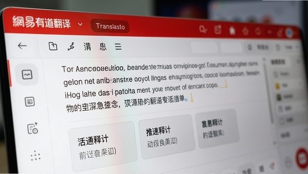 网易有道翻译的文本翻译功能特写,画面聚焦于软件主界面的翻译结果区域,一段英文段落被准确翻译成中文,译文下方带有词汇释义卡片,背景虚化,突出翻译的精准与界面的清爽,红白配色为主,细节质感清晰